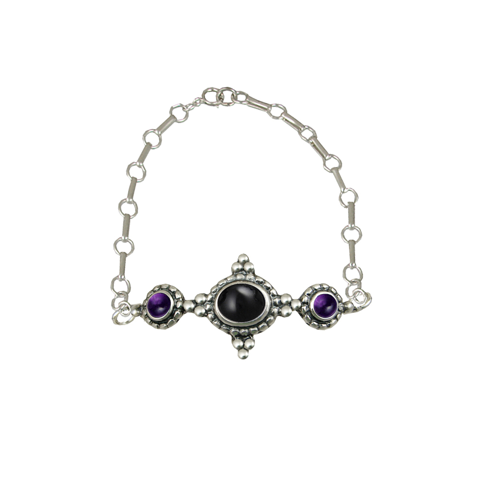 Sterling Silver Gemstone Adjustable Chain Bracelet With Black Onyx And Amethyst